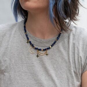 Starry Night natural gemstone lapis lazuli moonstone beads statement necklace